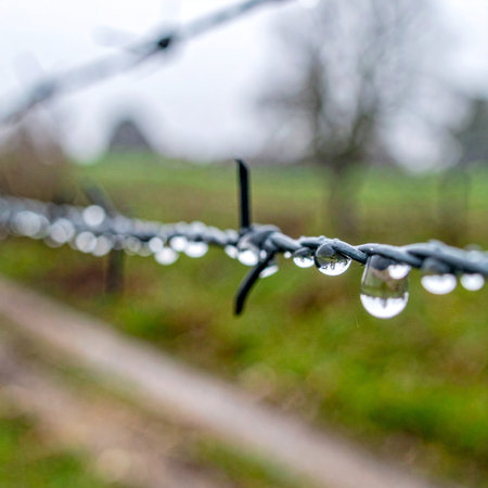 In the quiet of a damp morning, crystal-clear raindrops cling precariously to the sharp points of a barbed wire fence. The soft, out-of-focus green field in the background suggests a boundary between a restricted space and the freedom of nature, creating a poignant and somber mood.の素材