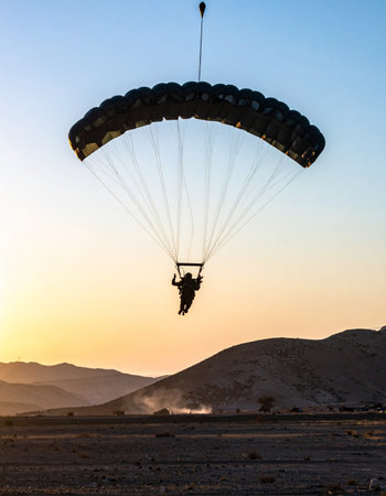 A lone parachutist makes a graceful descent, silhouetted against the warm glow of a setting sun. Landing in a vast, mountainous landscape, this image captures a moment of serene adventure and focused calm at the end of an exhilarating jump.の素材