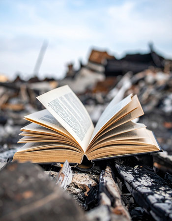 In the midst of widespread destruction and rubble, a single open book remains, its pages fluttering in the wind. A powerful symbol of knowledge, hope, and the resilience of the human spirit surviving through chaos, war, and disaster. The story endures even when everything else has fallen.の素材