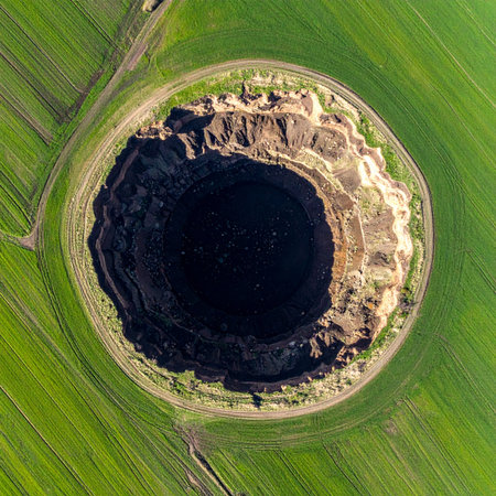 From high above, the vibrant green of a cultivated field is dramatically interrupted by a colossal sinkhole. This stunning and mysterious aerial perspective captures the raw power of nature, revealing a deep, dark abyss that invites contemplation on the fragility of the earths surface and the unseen forces at work beneath.の素材