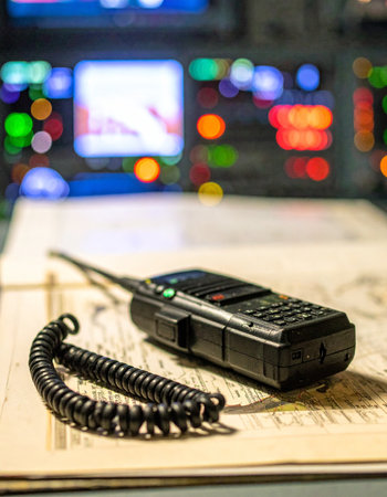 A portable radio transceiver rests on a desk, ready for immediate use in a bustling high-tech command center. The blurred background with its glowing monitors suggests a scene of critical operations, surveillance, or event management where clear communication is paramount.の素材