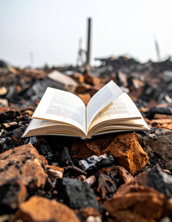 An open book rests on a bed of charred rubble and broken bricks, a solitary symbol of knowledge and stories enduring in the aftermath of destruction. The blurred, desolate background suggests a forgotten city, highlighting the resilience of literature against all odds.の素材