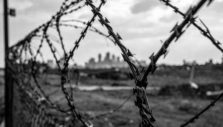 A stark, black and white image focusing on sharp barbed wire. In the blurred background, a city skyline stands as a distant, unattainable promise. The scene evokes feelings of division, confinement, and the harsh realities of urban boundaries.の素材