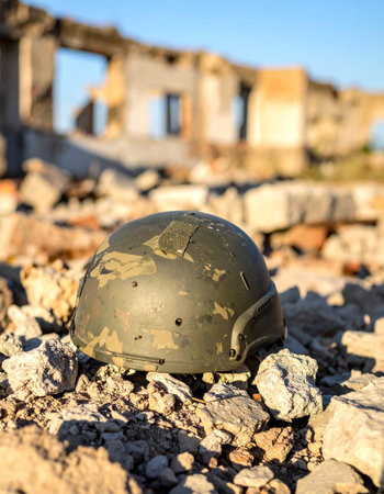 A lone military helmet rests on a pile of rubble, a silent testament to a past conflict. In the background, the skeletal remains of a building stand against a clear sky, symbolizing the devastating cost of war and the enduring memory of those who fought.の素材