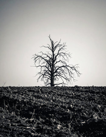 A single, leafless tree stands as a stark silhouette against a vast, grey sky. Set in a dark, plowed field, the image captures a moment of profound solitude and resilience, symbolizing endurance through harsh seasons and the quiet, underlying promise of renewal.の素材