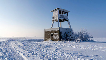 An old, abandoned watchtower stands as a silent sentinel in a vast, snow-covered landscape under a clear blue sky. The weathered structure and tire tracks in the snow tell a story of forgotten borders and the relentless passage of time in a desolate, frozen wilderness.の素材