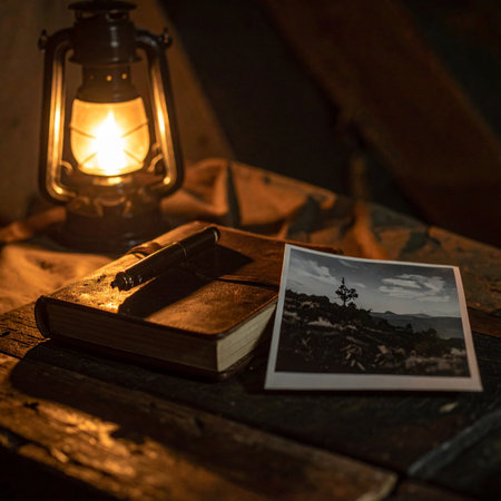 In the quiet glow of a kerosene lantern, an old book and a faded photograph rest on a rustic wooden desk. This atmospheric scene evokes a sense of nostalgia, storytelling, and quiet reflection on past adventures and cherished memories.の素材