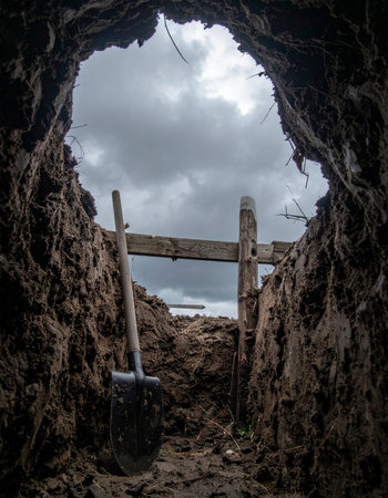 A view from the bottom of a freshly dug trench, looking up past a resting shovel towards a dramatic, cloudy sky. The perspective evokes a sense of finality and hard labor, but also a glimmer of hope or escape in the light above. Its a powerful metaphor for struggle, endings, and new beginnings.の素材
