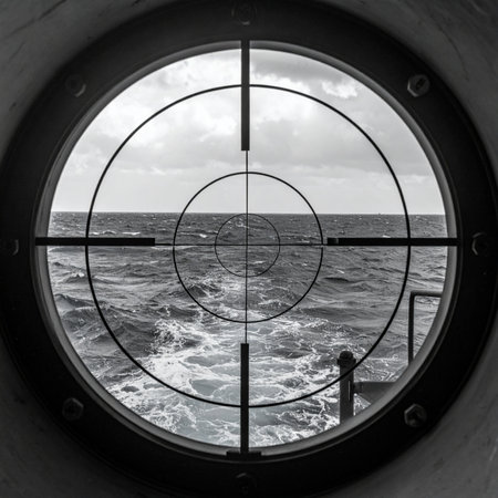 A tense, black and white view from a naval periscope, with crosshairs fixed on the vast, empty ocean. This image captures a moment of silent observation and the isolation of a mission deep beneath the waves, suggesting themes of warfare, strategy, and unseen threats.の素材