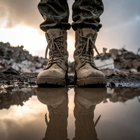 A soldier stands firm amidst the ruins, their combat boots reflected in a muddy puddle. A quiet moment of reflection and resilience in the aftermath of conflict, symbolizing endurance and the human spirit in the face of adversity.の素材