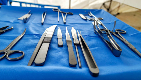 A meticulously arranged set of sterile surgical instruments lies ready on a vibrant blue cloth. The polished steel of scalpels, forceps, and clamps gleams, signifying preparation for a critical, life-saving operation in a clinical setting.の素材