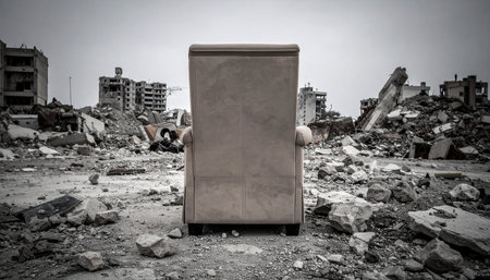 In the silent aftermath of a catastrophic event, a single armchair remains upright amidst the rubble of a once-vibrant city. It stands as a lonely, poignant testament to the lives disrupted and the enduring memory of home, a solitary symbol of resilience and profound loss.の素材