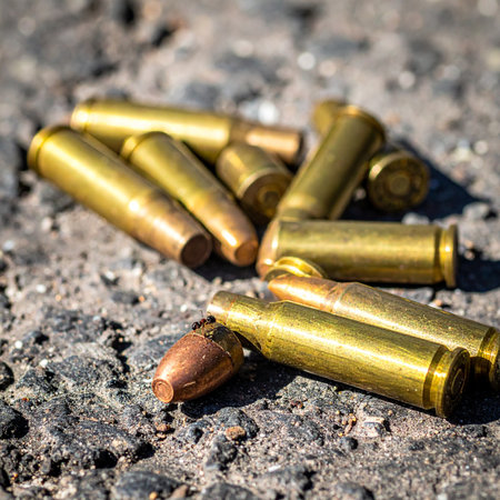 A close-up view of spent brass bullet casings scattered across rough pavement. This gritty image evokes the tense aftermath of a conflict, suitable for concepts related to crime scenes, investigation, violence, and the consequences of gunfire.の素材