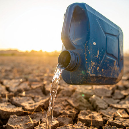 In a landscape baked by the relentless sun, the parched, cracked earth thirsts for relief. A single stream of precious water is poured from a blue canister, a symbol of hope and the critical importance of conservation in an era of climate change and water scarcity. This powerful image captures a moment of survival and the struggle for life.の素材