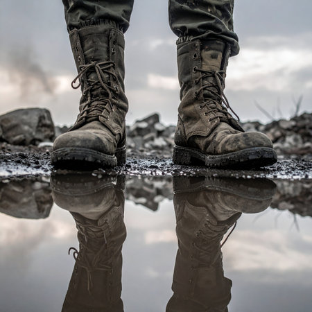 A soldier stands firm in muddy terrain, their worn combat boots reflected in a still puddle. The image captures a quiet moment of contemplation amidst hardship, symbolizing resilience, duty, and the personal sacrifices made in service.の素材