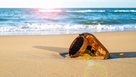 A broken brown bottle, its sharp edges softened by the sea, rests on the warm sand as waves gently lap the shore. A relic of a forgotten story, now a stark reminder of pollution on a beautiful, sun-drenched beach.の素材
