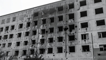 A stark, black and white view of a residential building bearing the deep scars of conflict. Bullet holes and blast marks tell a silent, somber story of destruction and the devastating impact of war on a once-thriving community. The empty windows stare out like hollow eyes, a haunting reminder of the lives disrupted by violence.の素材