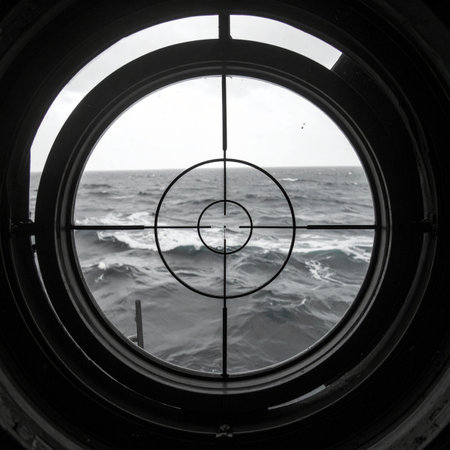 A tense, black and white view from a submarines periscope, with crosshairs fixed on the open, choppy sea. This image captures a moment of suspense and focused surveillance, evoking themes of naval warfare, strategic missions, and the hidden dangers lurking beneath the waves.の素材