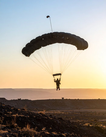 A lone skydiver makes a graceful descent, silhouetted against the warm glow of a setting sun. The vast landscape below awaits, marking the end of an exhilarating journey through the sky. This image captures a moment of serene adventure and personal freedom.の素材