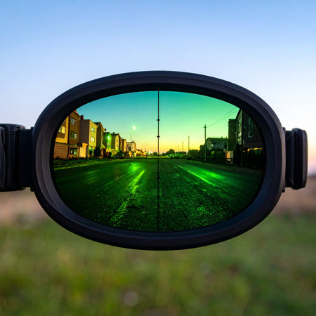 From a hidden vantage point, an observer scans the empty streets of a town cloaked in darkness. The world, filtered through a green night vision lens, reveals a silent, eerie landscape, blending technology with a sense of covert observation and solitude.の素材