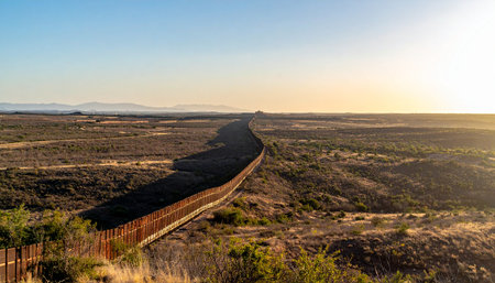 The rising sun casts a warm glow over the vast, quiet desert, its light stretching across the landscape and illuminating the stark, imposing line of the international border wall. The structure cuts through the natural terrain, a powerful symbol of division, security, and political boundaries in a remote and desolate wilderness.の素材