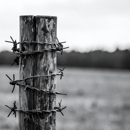 A close-up, black and white shot captures the rough texture of a weathered wooden post wrapped tightly with old barbed wire. The shallow depth of field blurs the rural landscape behind it, creating a somber and moody atmosphere that speaks of boundaries, confinement, and the passage of time in the countryside.の素材