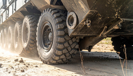 A close-up shot captures the immense power of a heavy military transport vehicle as its rugged, all-terrain wheels churn up dust on a dirt road. The image conveys a sense of unstoppable momentum and durability, perfect for themes of defense, logistics, and resilience in challenging environments.の素材