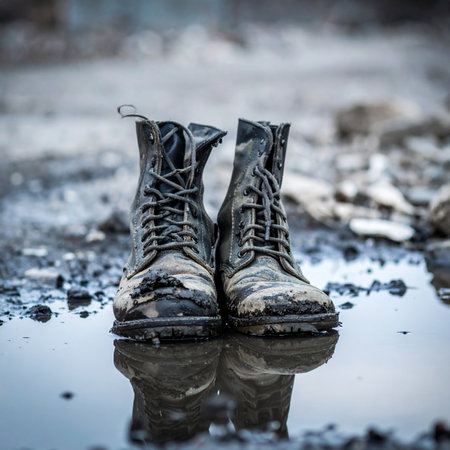 A pair of weathered and mud-caked combat boots stand in a murky puddle, their reflection a silent testament to a long and arduous journey. This image symbolizes resilience, the aftermath of conflict, and the enduring spirit of survival through hardship.の素材