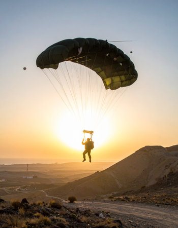 A lone skydiver is silhouetted against the warm glow of a setting sun, making a graceful descent towards the rugged, hilly terrain below. This moment captures the quiet thrill of arrival and the culmination of an adventurous journey, symbolizing freedom, focus, and personal achievement.の素材