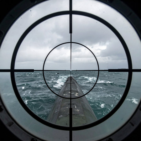 Through the cold, precise lens of a periscope, a naval submarine is locked in the crosshairs. The choppy ocean and overcast sky create a tense atmosphere of a covert mission, capturing a moment of strategic surveillance and the imminent threat of underwater warfare. Its a view of silent, deadly focus.の素材