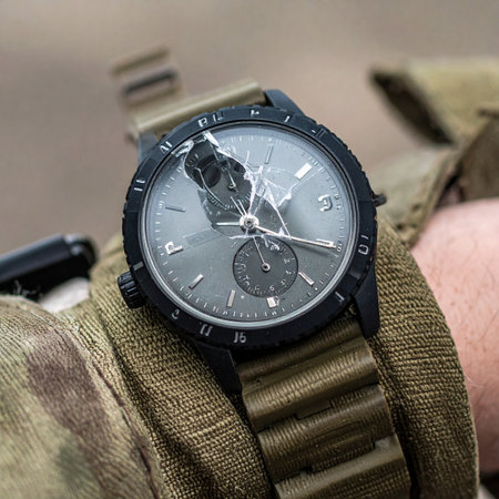 A dramatic close-up captures a military-style watch with a cracked face, worn over a camouflage sleeve. The damage suggests a story of intense action, survival, and resilience, symbolizing a moment frozen by impact.の素材