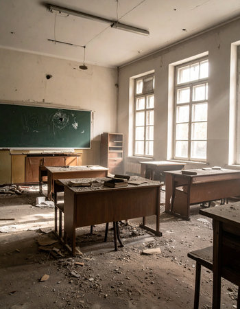 Sunlight streams through the dusty windows of a long-forgotten classroom, illuminating the silent decay. Desks sit in disarray amidst the debris, remnants of a time when the room was filled with the sounds of learning. This haunting scene captures a sense of lost history and the quiet passage of time.の素材