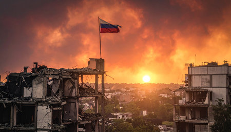 Amidst the skeletal remains of bombed-out buildings, a Russian flag stands against a fiery sunset. This poignant scene captures the devastating aftermath of urban warfare, symbolizing occupation, destruction, and the somber end of a battle.の素材