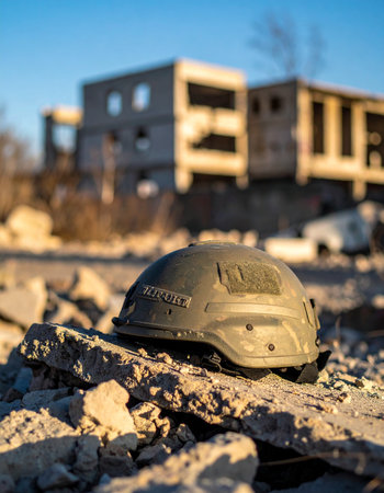 A military combat helmet rests on a pile of rubble in the foreground, a silent testament to a recent battle. In the soft-focus background, destroyed urban buildings stand against a clear sky, creating a poignant scene of conflicts aftermath, sacrifice, and remembrance.の素材