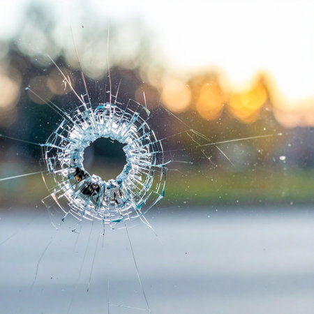 A close-up view of a shattered glass window, the point of impact creating a web of cracks radiating from a central hole. In the soft-focus background, the warm light of a sunset creates a beautiful bokeh, offering a stark contrast between the violent damage and the serene environment.の素材