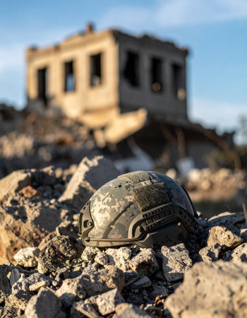 A lone camouflage helmet rests on a pile of rubble, a silent testament to a recent conflict. In the background, the shell of a destroyed building stands against a clear sky, symbolizing the profound loss and the quiet aftermath of war. This poignant scene captures the heavy price of battle and serves as a powerful reminder of sacrifice and memory.の素材