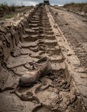 A single, mud-caked boot lies abandoned in the deep, imposing track of a heavy vehicle. This poignant scene captures a moment of aftermath, suggesting a story of hardship, conflict, or a journey abruptly ended, leaving behind a powerful symbol of what was lost.の素材