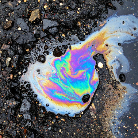 A mesmerizing yet cautionary display of vibrant, psychedelic colors swirls across a dark, wet asphalt surface. This iridescent oil slick creates a beautiful but toxic abstract pattern, highlighting the complex relationship between industry and the environment.の素材
