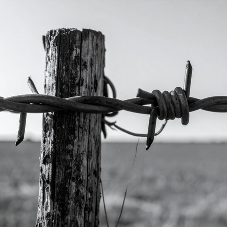 A stark black and white close-up of a weathered wooden post wrapped in old barbed wire. This image tells a story of time, resilience, and the quiet boundaries that define rural landscapes, evoking feelings of history, hardship, and enduring strength.の素材