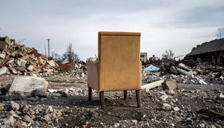 A lone armchair stands as a silent witness to immense destruction. Amidst the rubble of a forgotten place, it offers a poignant symbol of loss, memory, and the haunting stillness that follows a catastrophe. A powerful visual for themes of war, disaster, and survival.の素材