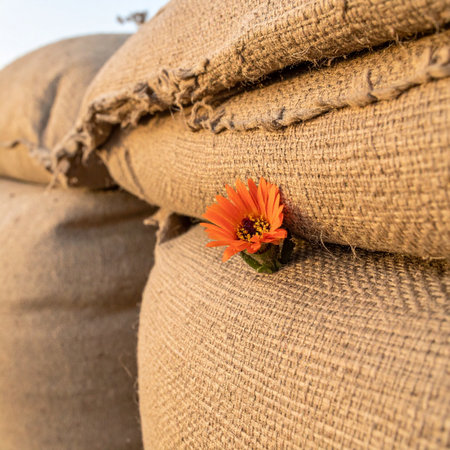 A single, vibrant orange gerbera daisy finds a place to bloom amidst the rough, earthy texture of stacked burlap sacks. This image captures a moment of unexpected beauty and resilience, symbolizing hope and strength found in the most unlikely of places.の素材