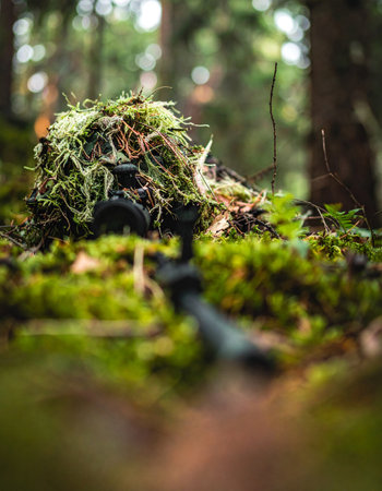 A soft ray of sunlight filters through the dense forest canopy, illuminating a tiny, intricate mound of moss and twigs. This close-up view of the forest floor reveals a hidden world of detail and life, evoking a sense of tranquility, discovery, and the quiet beauty of nature.の素材