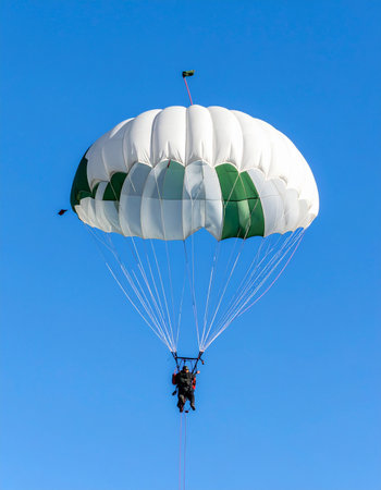 Two adventurers share a moment of serene descent, gliding peacefully under a wide parachute against the vast, clear blue canvas of the sky. A perfect depiction of trust, exhilaration, and the freedom of flight.の素材