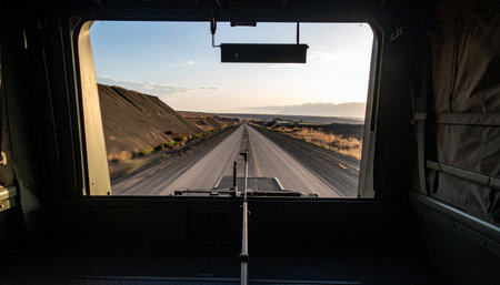 The view from the drivers seat as a new day begins on the open road. A long, straight highway disappears into the horizon of a vast desert landscape at sunrise, symbolizing adventure, freedom, and the start of a long journey.の素材