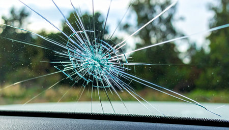 The aftermath of an unexpected road hazard, showing a spiderweb of cracks radiating from a central impact point on a cars windshield. This image captures the concept of accidents, danger, and the need for insurance and repair.の素材