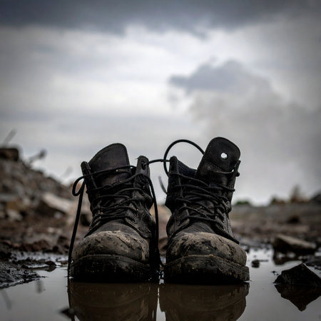 A pair of weathered and muddy combat boots stand in a murky puddle, their reflection staring back from the water. This poignant scene evokes a sense of a long, arduous journey completed, symbolizing resilience, hardship, and the quiet solitude after a struggle.の素材