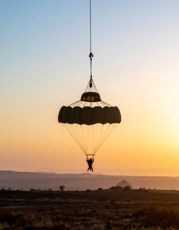 A lone parachutist is silhouetted against the vibrant glow of a setting sun, making a descent over a vast desert landscape. In the distance, the iconic shape of ancient pyramids stands against the horizon, blending the thrill of modern adventure with the mystery of history.の素材