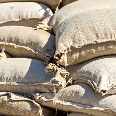 A close-up view of weathered burlap sandbags stacked high, forming a sturdy barrier. This image evokes a sense of preparedness, strength, and resilience against impending challenges, whether from natural forces or in a construction or military context.の素材
