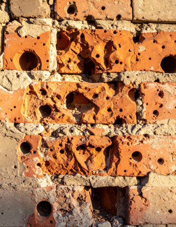 A close-up view of a historic brick wall, its surface telling a story of time and conflict. Each pit and hole speaks to a past of struggle and resilience, creating a powerful textured background with a raw, grunge aesthetic.の素材