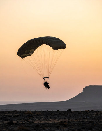 A tandem paraglider is silhouetted against the warm glow of a setting sun, soaring peacefully over a vast desert landscape. This image captures a moment of serene adventure and the breathtaking freedom of flight at dusk.の素材